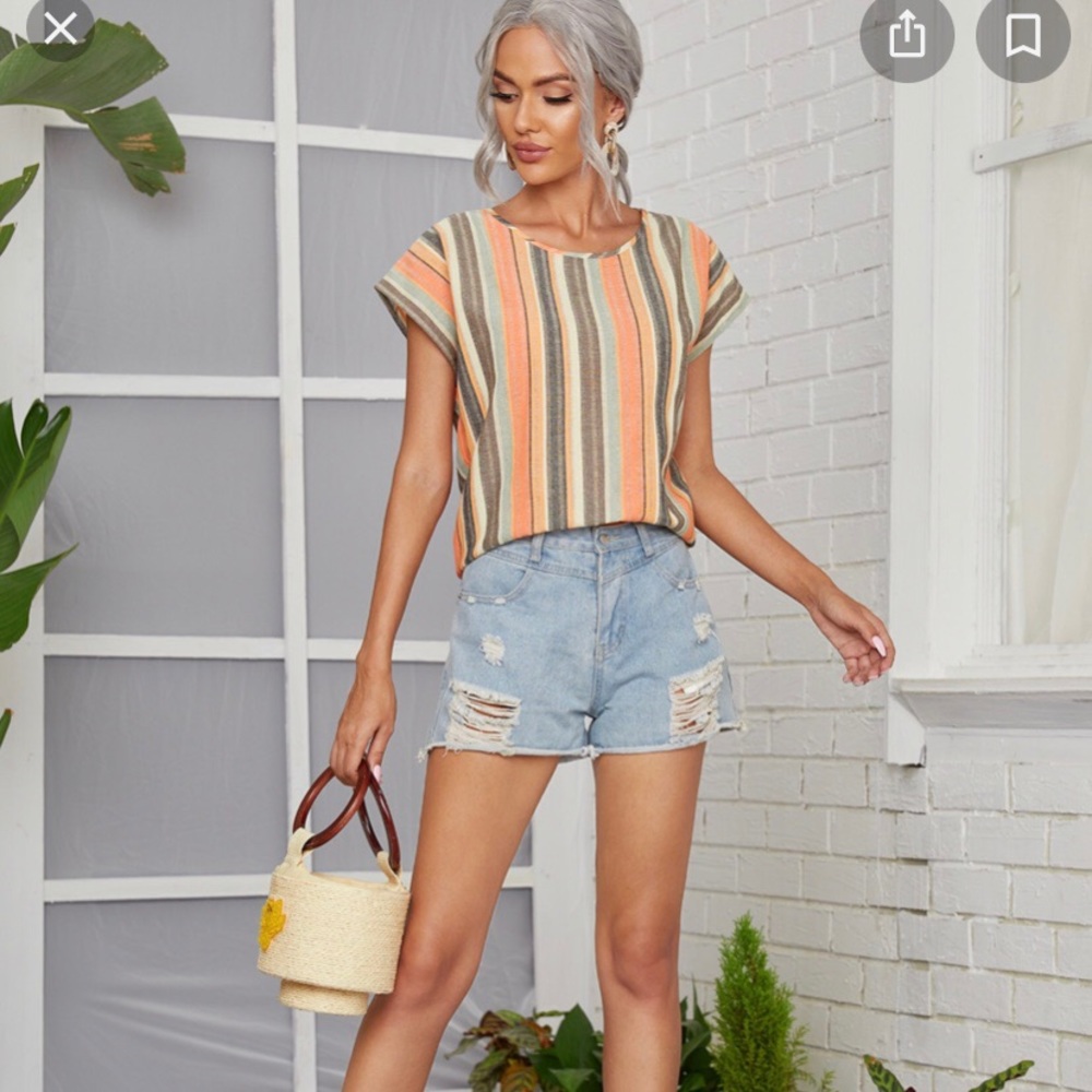 A NEW DAY LINEN STRIPED TUNIC TOP SUMMER STRIPED CROPPED TOP